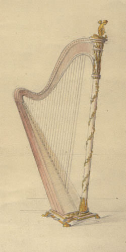 Akvarel nacrt Empire Erard modela harfe  Etude pour une harpe Erard, N° d’inventaire D.2009.1.1631, Fonds Gaveau-Erard-Pleyel, dépôt du Groupe AXA au Musée du Palais Lascaris, Nice